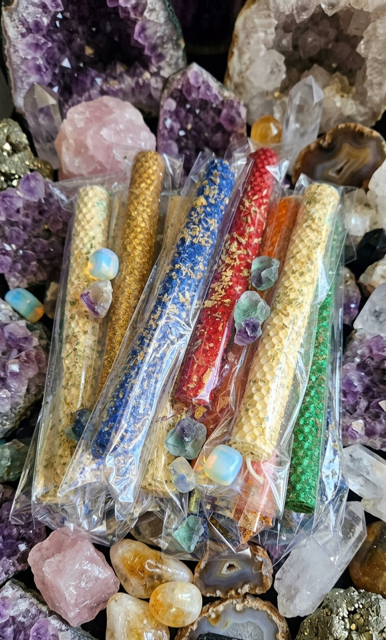 Honeycomb beeswax taper candles dressed with herbs for intention