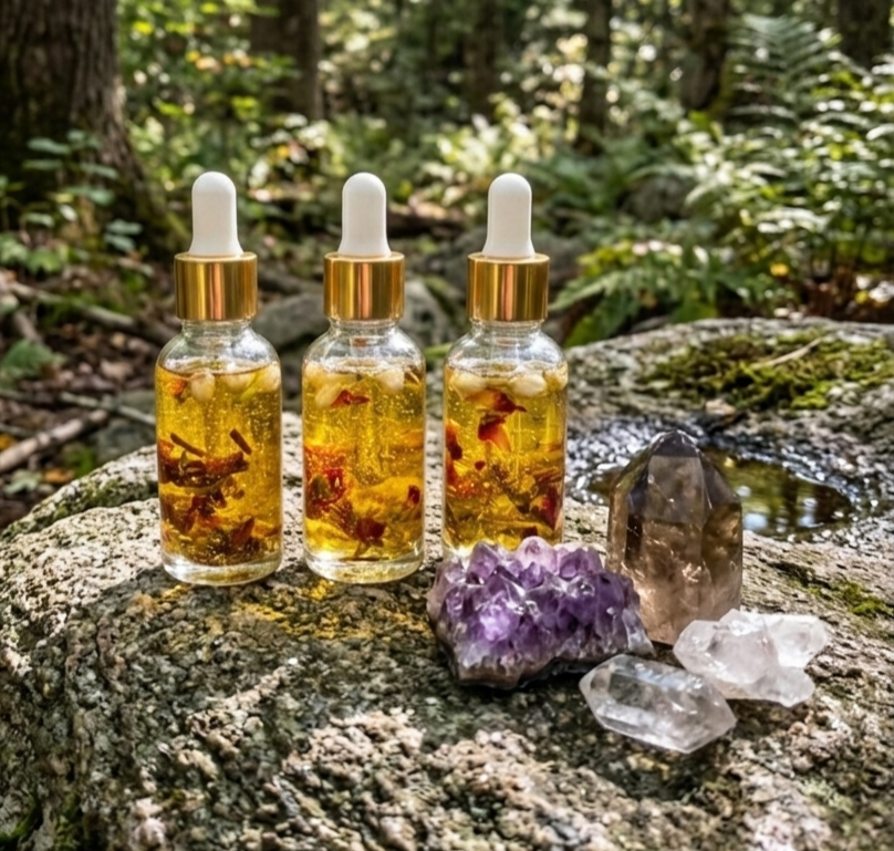 Intention oil with herbs and crystals