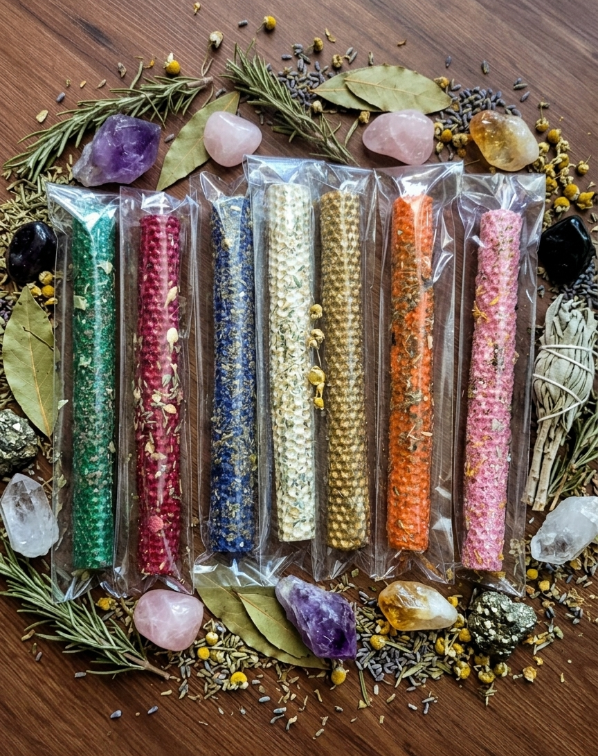 Set of 7 beeswax intention candles in green, red, blue, white, gold, orange, pink