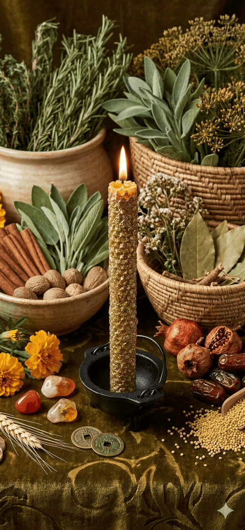 Golden beeswax honeycomb candle for prosperity and abundance