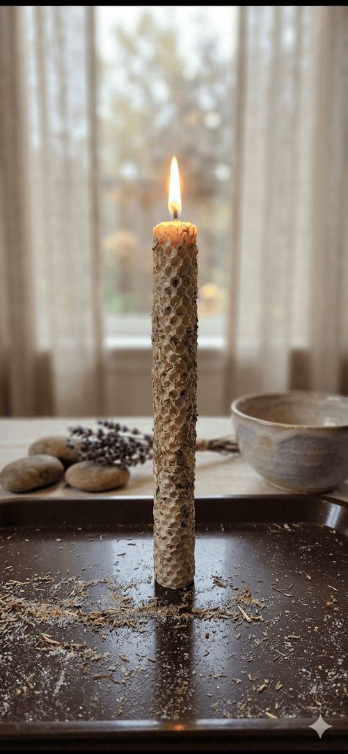 Honeycomb beeswax candle for energy cleansing and protection