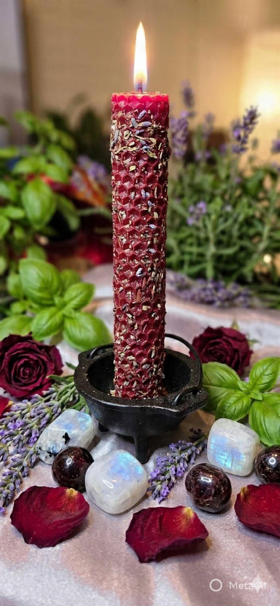 Love candle with herbs for attracting love and romance