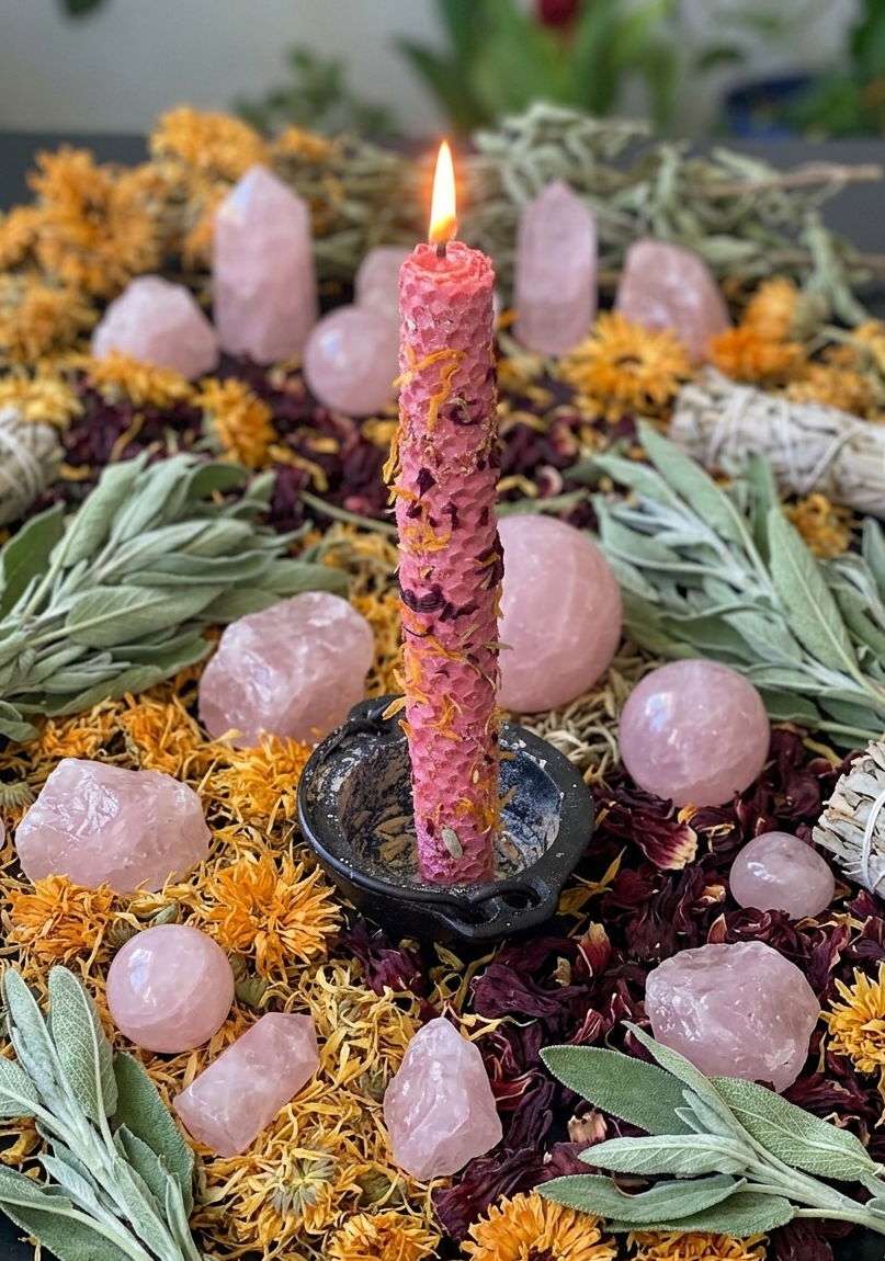 Pink self-love beeswax candle with herbs