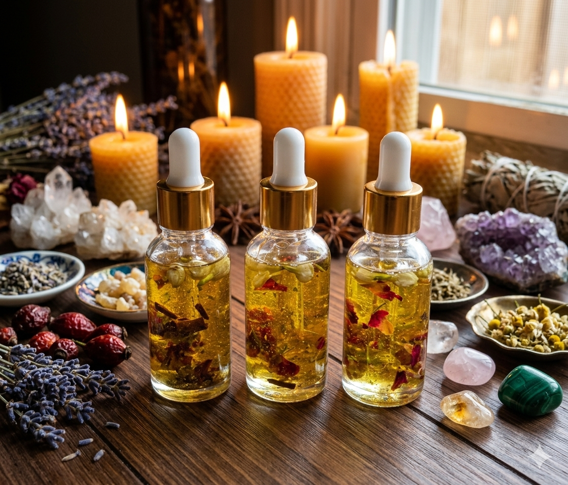 Attraction oil for love and money with herbs and crystals